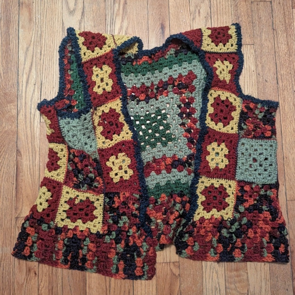 Handmade Crochet Granny Square Vest Patchwork Boho Earth Tones Multi Color